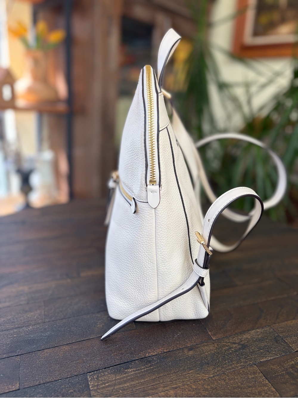 Michael Kors Slim Pebbled Leather Backpack in Cream color with Gold Hardware - Picture 3 of 15